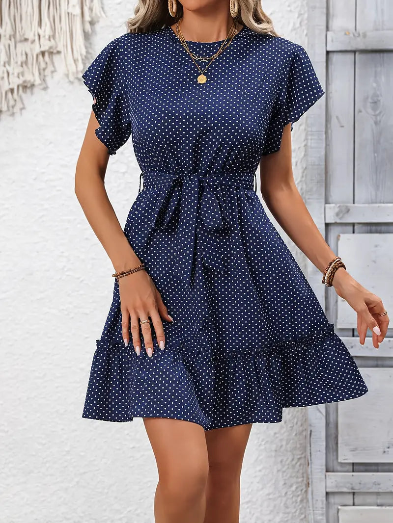 Granatowa sukienka midi Polkadot Elegancka letnia sukienka z kokardą w pasie