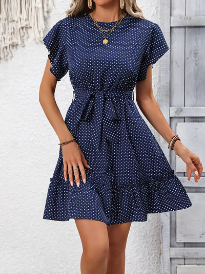 Granatowa sukienka midi Polkadot Elegancka letnia sukienka z kokardą w pasie