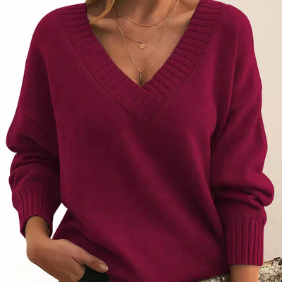 Miękki Dzianinowy Sweter z Dekoltem w Serek | Idealny na Jesień