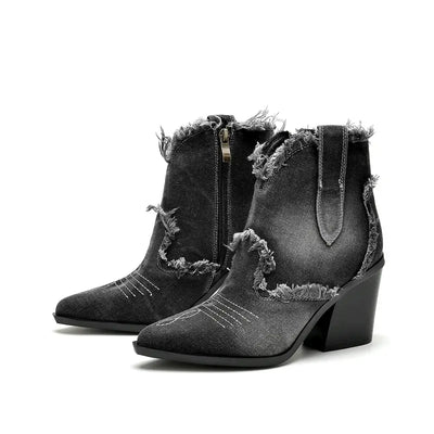 Damskie kowbojskie buty jeansowe na wysokim obcasie