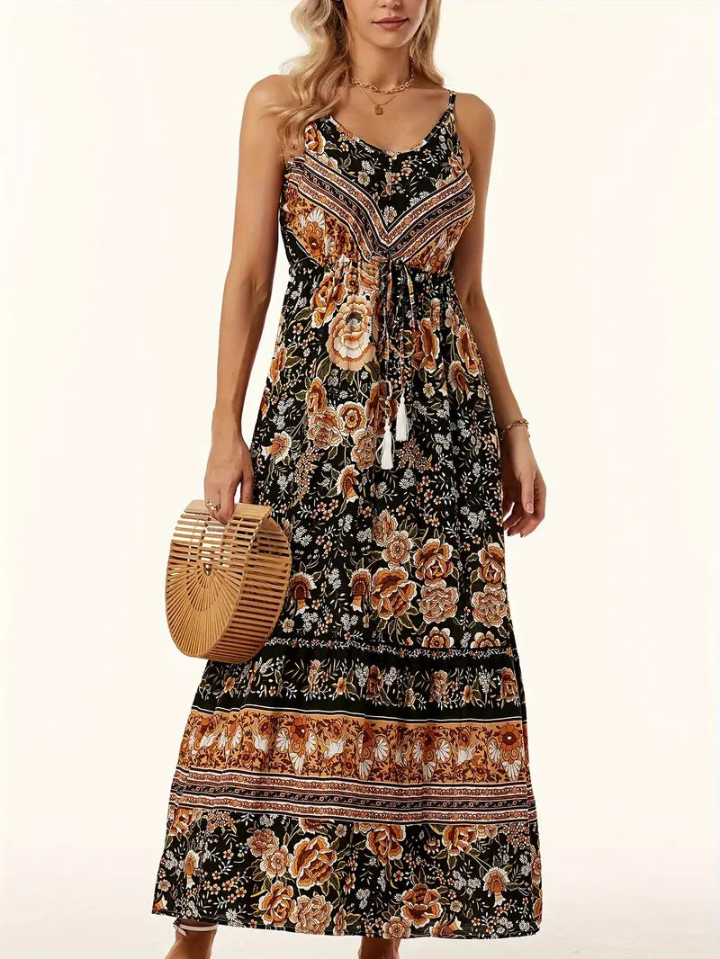 Sukienka Boho Cami Maxi - kwiatowy nadruk, bez rękawów, regulowana talia i kołysząca się spódnica - idealna na plażę