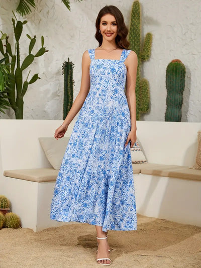 Elegancka sukienka z odkrytymi ramionami - zwiewna sukienka maxi o kroju w kształcie litery A, z wąską talią i w stylu boho
