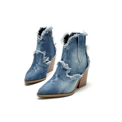 Damskie kowbojskie buty jeansowe na wysokim obcasie