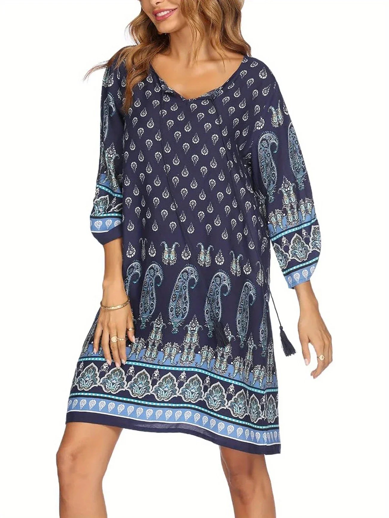Sukienka Boho w kwiaty dla kobiet - przewiewna sukienka letnia z rękawami 3/4, kokardą w talii i swobodnym krojem