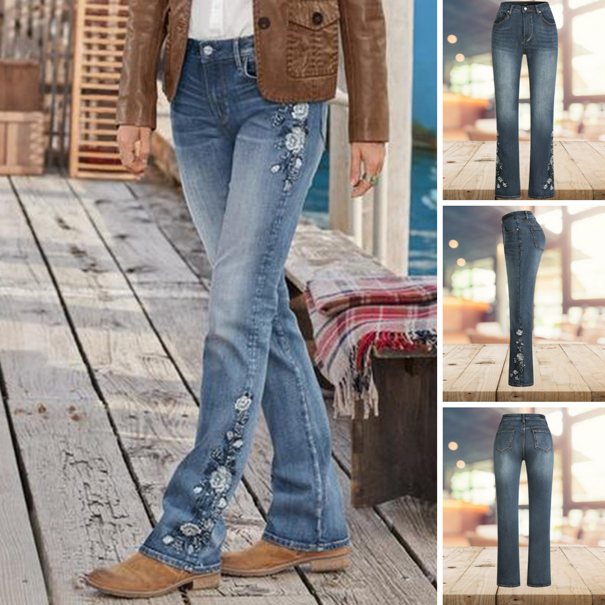 Yvonne – jeansowe spodnie z rozkloszowanymi nadrukami w stylu vintage