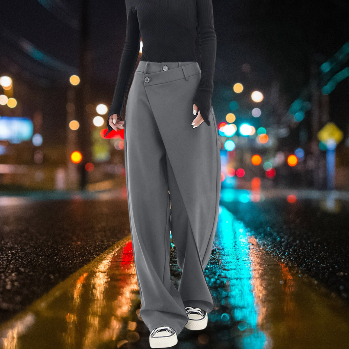 Asymetryczne, warstwowe spodnie wizytowe z szeroką nogawką i guzikami