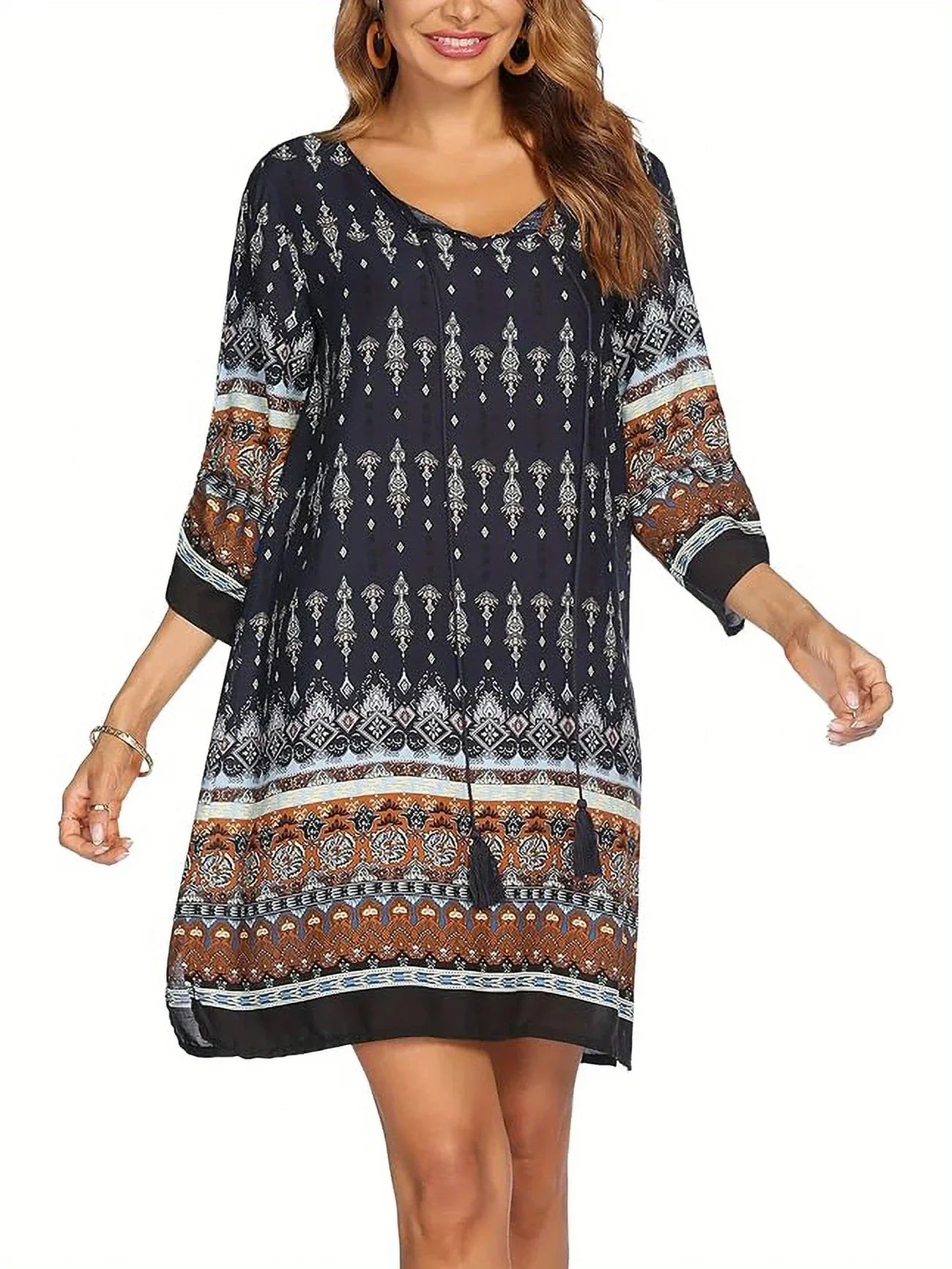 Sukienka Boho w kwiaty dla kobiet - przewiewna sukienka letnia z rękawami 3/4, kokardą w talii i swobodnym krojem