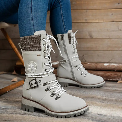 Damskie buty zimowe - sznurowane buty z grubym obcasem i okrągłym noskiem