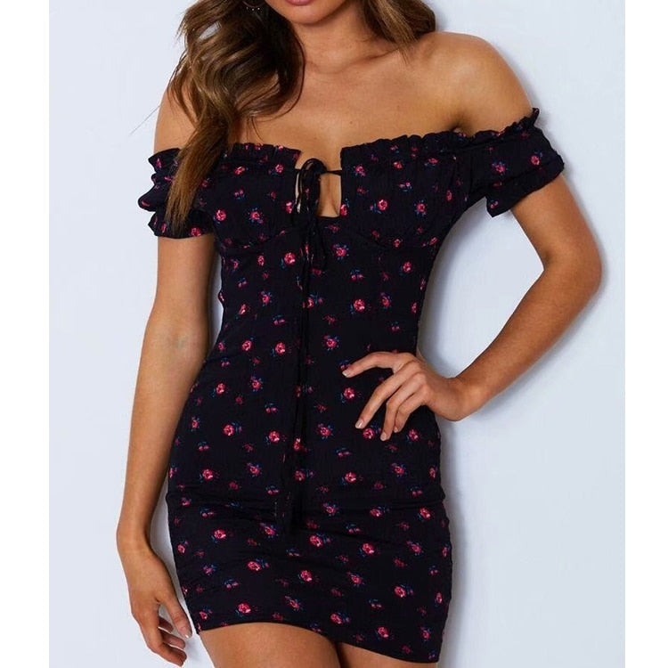 Sukienka Mini w Kwiatowy Print z Odkrytymi Ramionami i Wiązaniem
