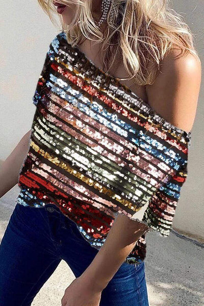 Modny cekinowy top z odkrytymi ramionami