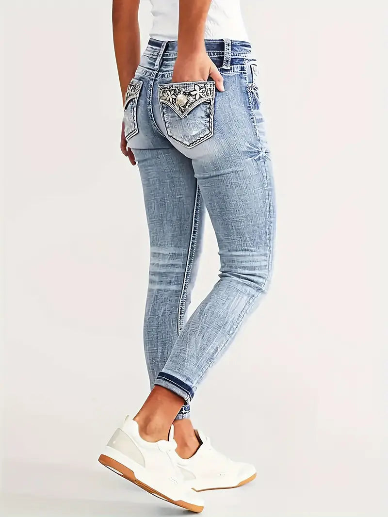 Damskie jeansy skinny z wysokim stanem i haftem