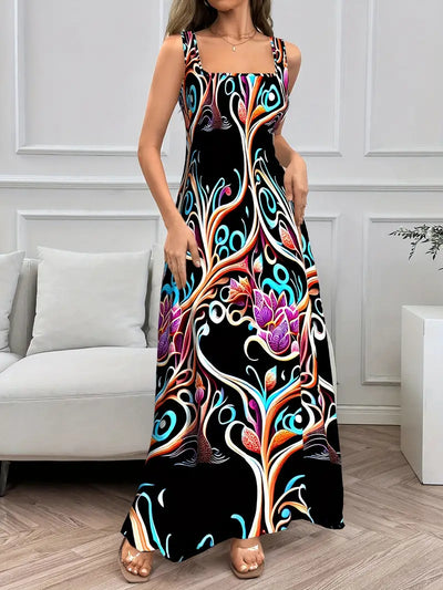 Elegancka sukienka maxi - kwiatowy nadruk, kwadratowy dekolt i przewiewny krój - idealna na lato