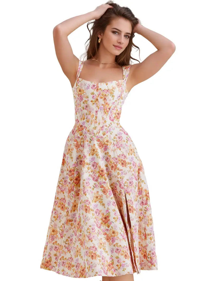 Letnia sukienka boho - ramiączka spaghetti bez rękawów, długość midi, przewiewna i elegancka, idealna na wakacje