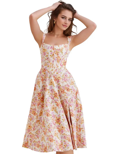 Letnia sukienka boho - ramiączka spaghetti bez rękawów, długość midi, przewiewna i elegancka, idealna na wakacje