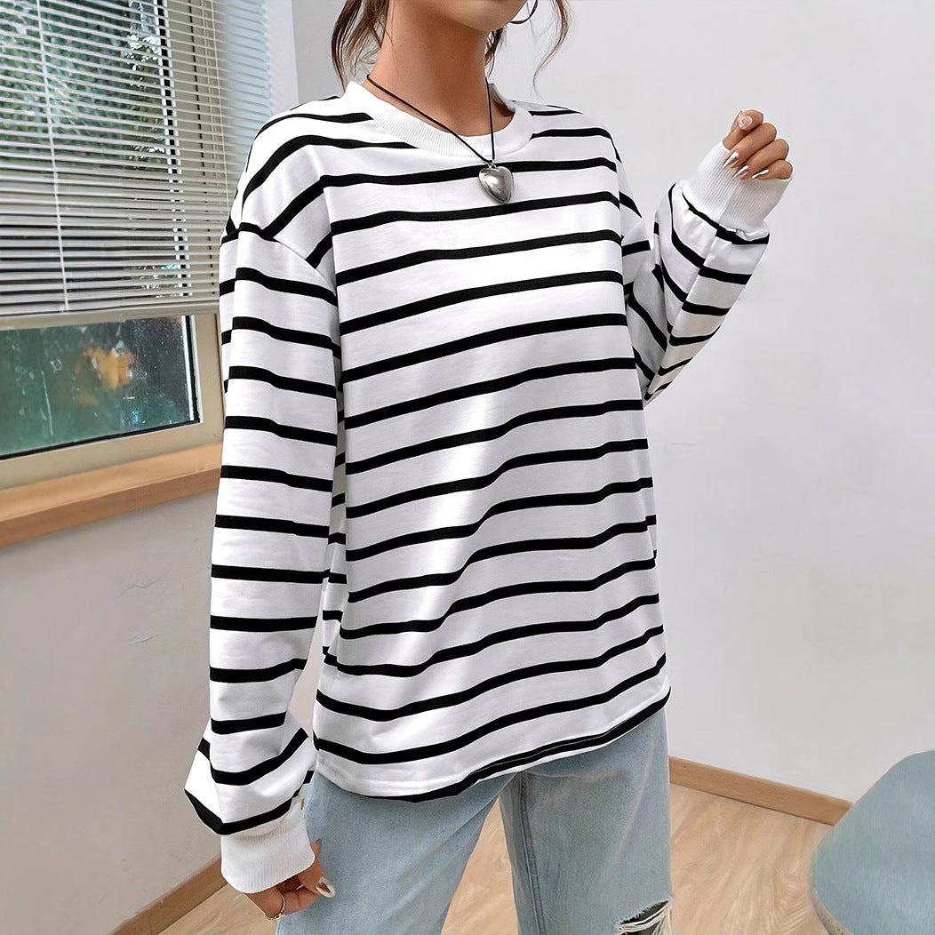 Luźny T-Shirt w Paski z Długim Rękawem | Idealny na Wiosnę i Jesień
