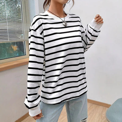 Luźny T-Shirt w Paski z Długim Rękawem | Idealny na Wiosnę i Jesień
