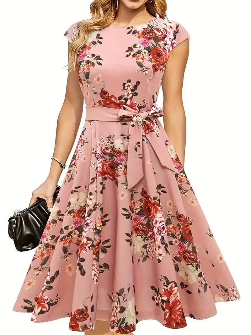 Letnia sukienka bez rękawów - elegancka sukienka w kwiaty z lekkiego materiału i dopasowany krój