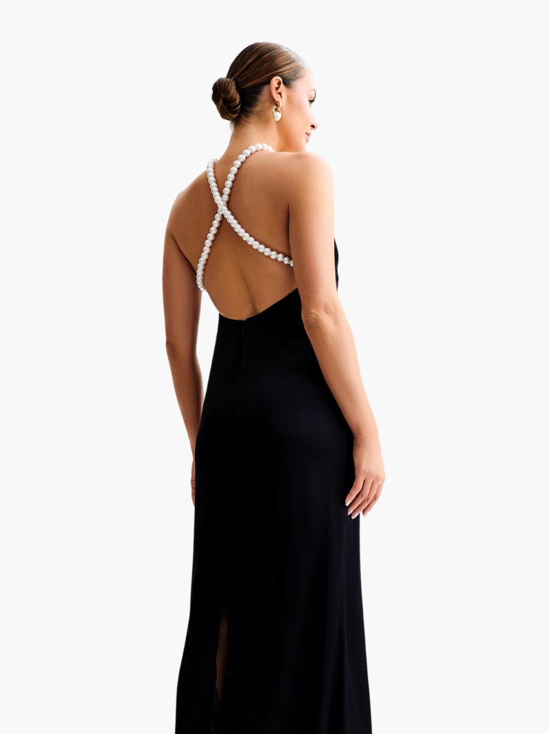 Celine - Blanche satynowa sukienka maxi z koralikami