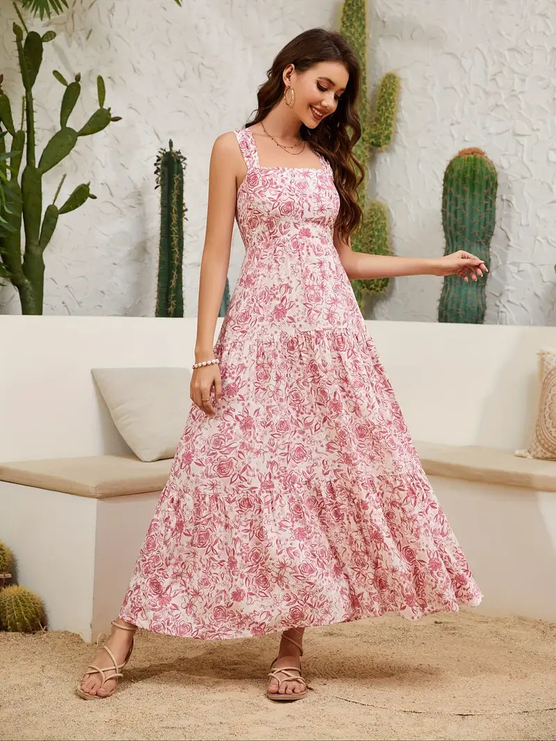 Elegancka sukienka z odkrytymi ramionami - zwiewna sukienka maxi o kroju w kształcie litery A, z wąską talią i w stylu boho