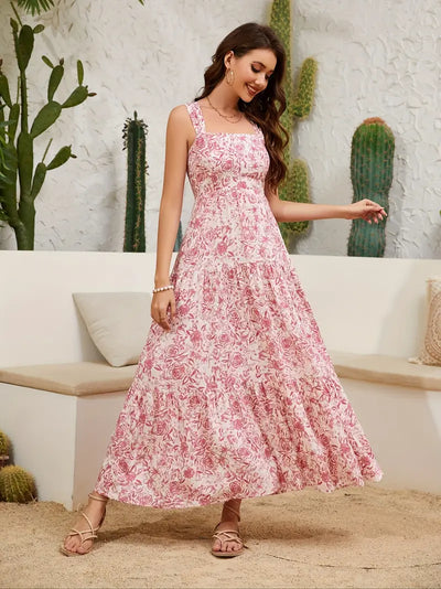 Elegancka sukienka z odkrytymi ramionami - zwiewna sukienka maxi o kroju w kształcie litery A, z wąską talią i w stylu boho