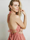 Bohemian Coral Mini Dress - Seksowny głęboki dekolt w szpic i falbany - Letnia sukienka plażowa dla kobiet