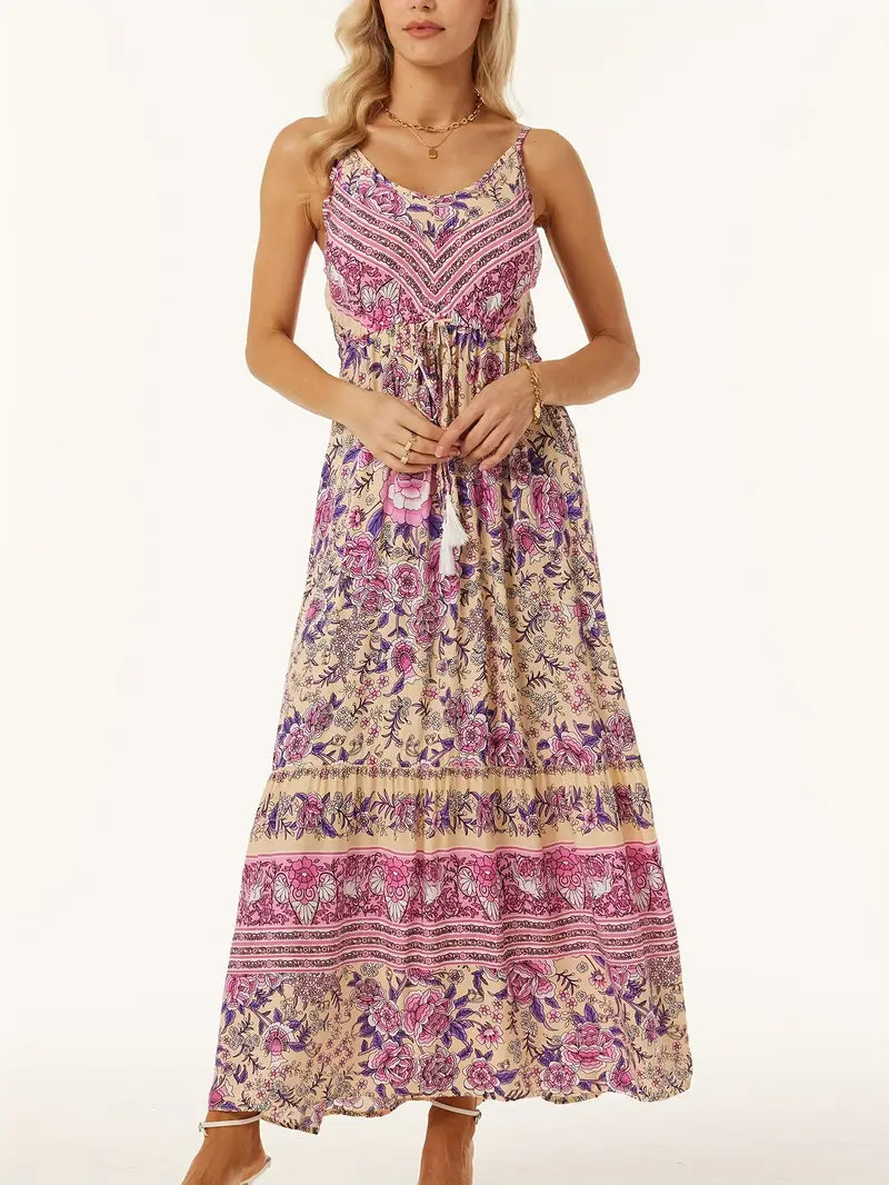 Sukienka Boho Cami Maxi - kwiatowy nadruk, bez rękawów, regulowana talia i kołysząca się spódnica - idealna na plażę