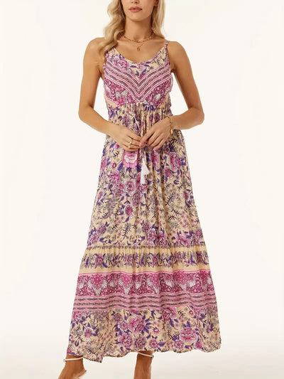 Sukienka Boho Cami Maxi - kwiatowy nadruk, bez rękawów, regulowana talia i kołysząca się spódnica - idealna na plażę