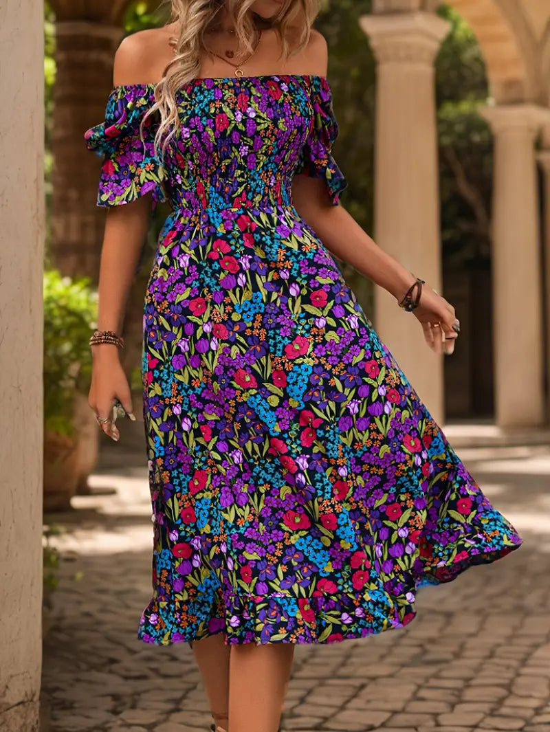 Bohemian Off-Shoulder Maxi Dress - kwiatowy nadruk, długie rękawy i kołysanie na lato, imprezę i wakacje