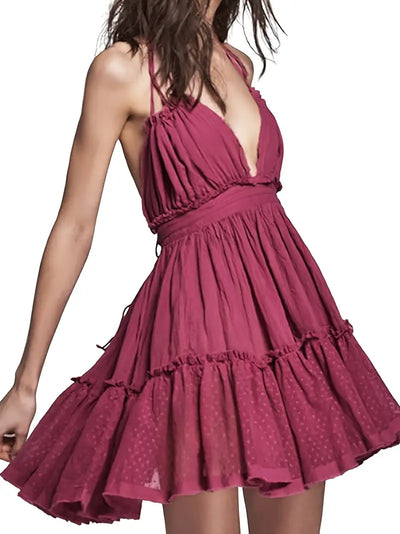 Bohemian Coral Mini Dress - Seksowny głęboki dekolt w szpic i falbany - Letnia sukienka plażowa dla kobiet