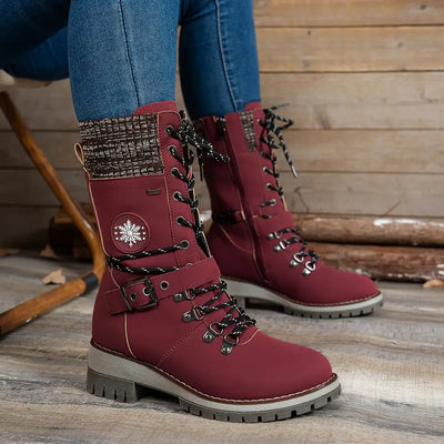 Damskie buty zimowe - sznurowane buty z grubym obcasem i okrągłym noskiem