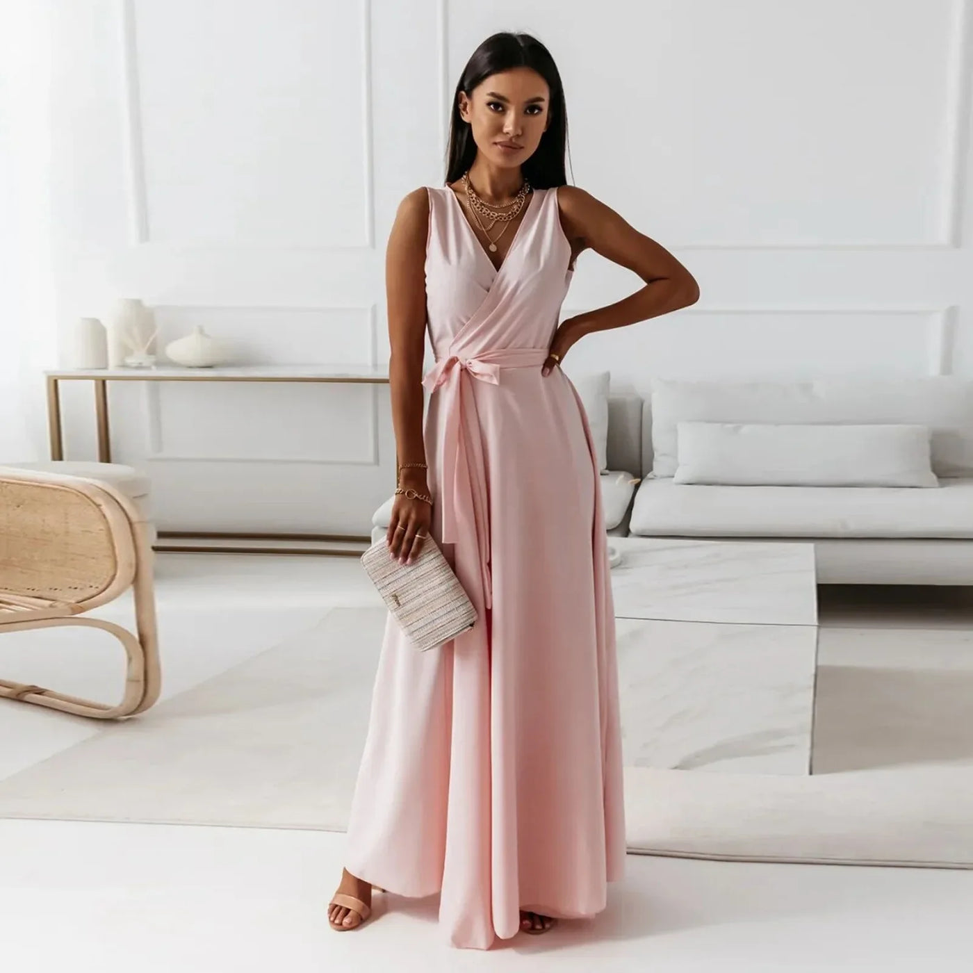 Elegancka Sukienka Maxi z Kopertowym Dekoltem
