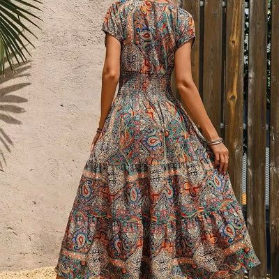 Boho Sukienka Maxi Z Krótkim Rękawem
