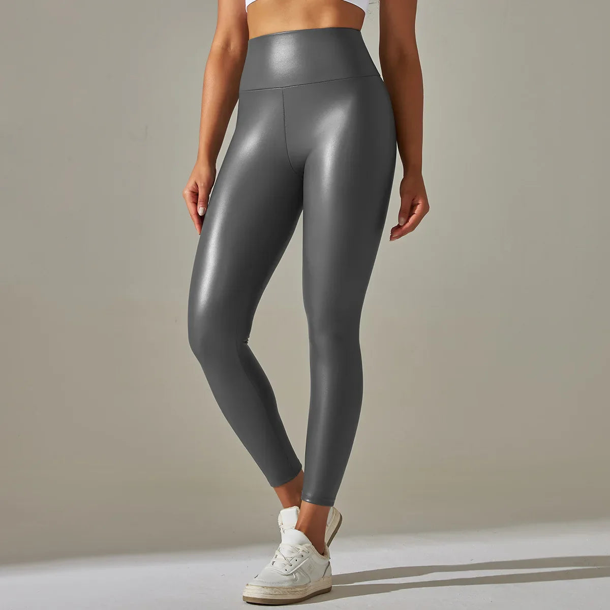 Damskie skórzane legginsy z wyoskim stanem