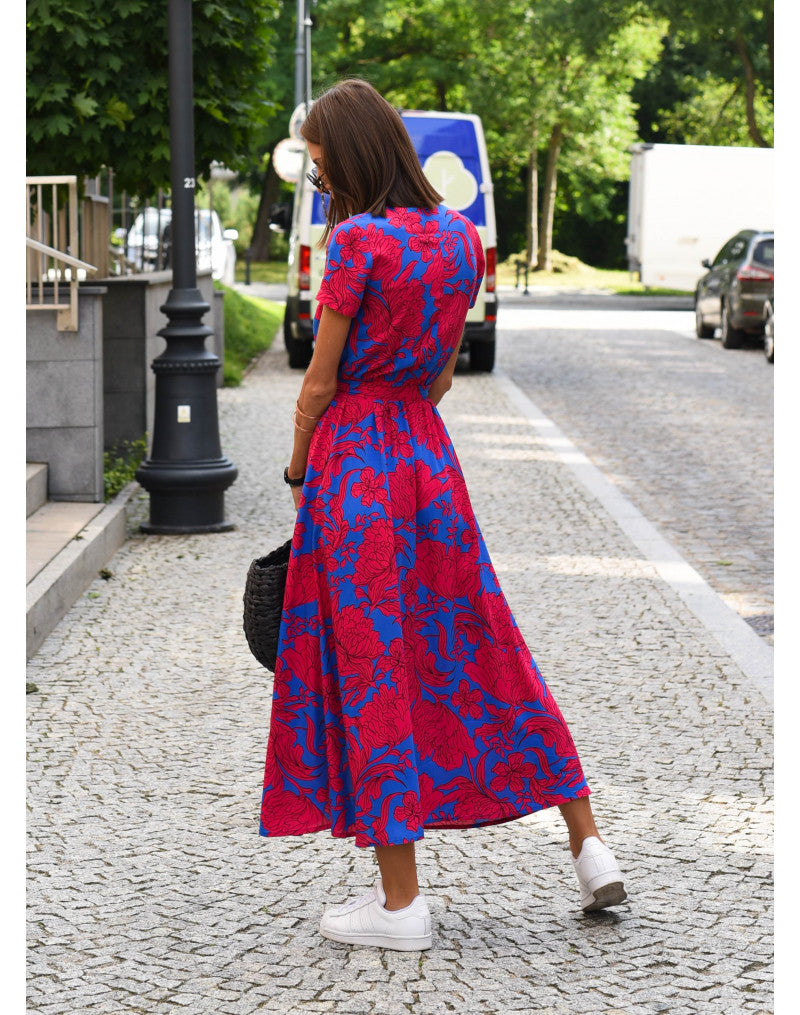 Elegancka sukienka Rina™ z kwiatowym nadrukiem i dekoltem w kształcie litery V, z krótkimi rękawami, zapewniająca świeży i kobiecy wygląd
