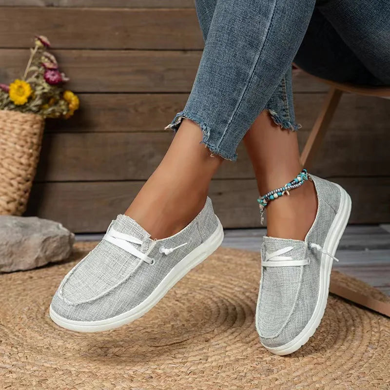 Damskie Lniane Buty Slip-On z Białą Podeszwą