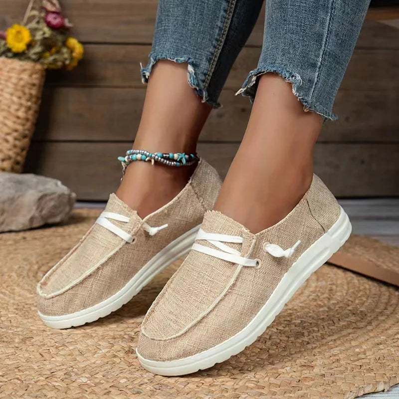Damskie Lniane Buty Slip-On z Białą Podeszwą