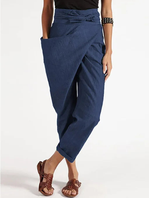 Damskie spodnie haremki w stylu boho z wiązaniem w pasie