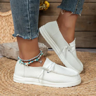 Damskie Lniane Buty Slip-On z Białą Podeszwą