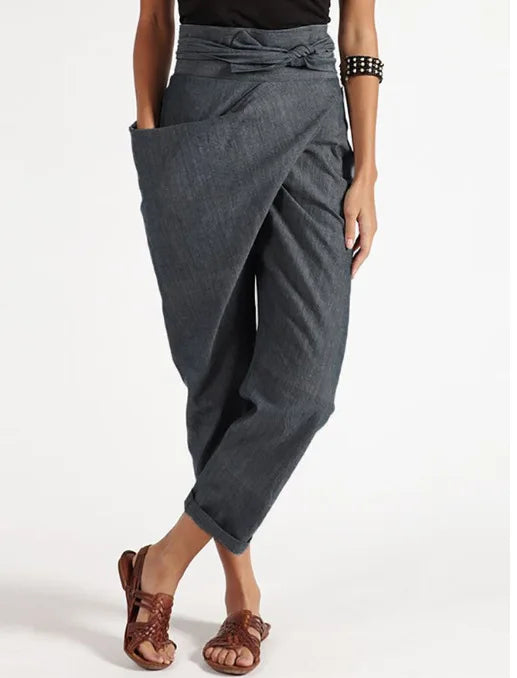 Damskie spodnie haremki w stylu boho z wiązaniem w pasie
