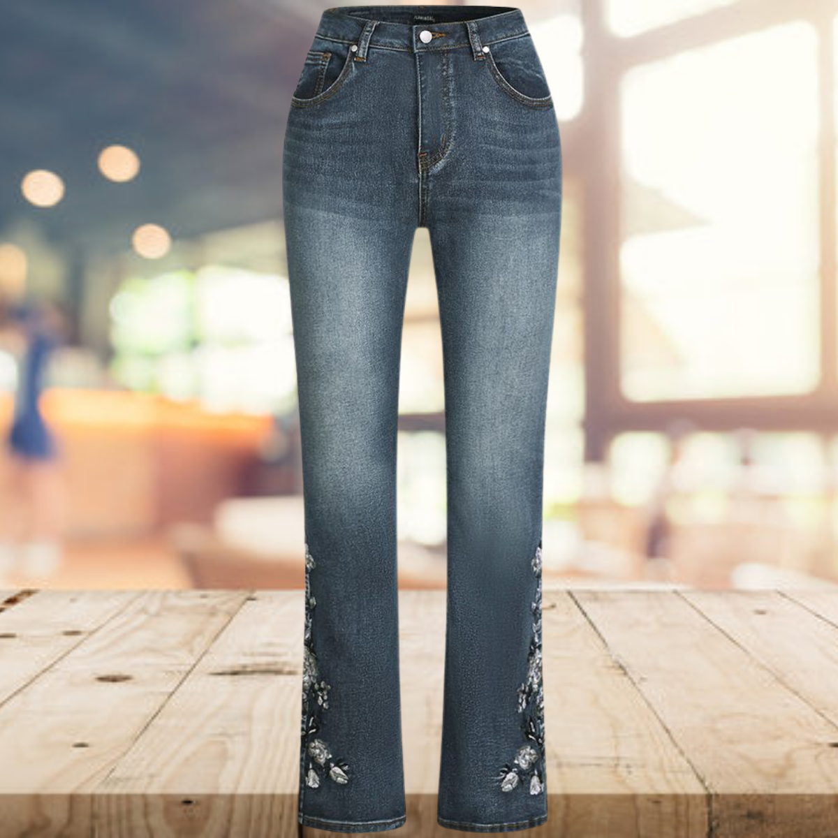 Yvonne – jeansowe spodnie z rozkloszowanymi nadrukami w stylu vintage