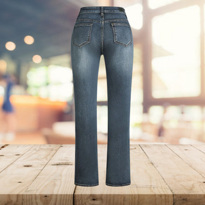Yvonne – jeansowe spodnie z rozkloszowanymi nadrukami w stylu vintage