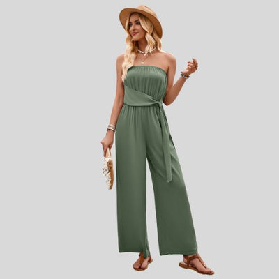 Aleksandra - Damski Off-Shoulder Kombinezon z Paskiem w Talii