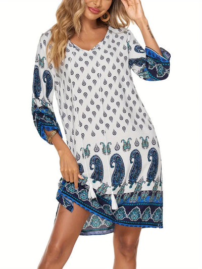 Sukienka Boho w kwiaty dla kobiet - przewiewna sukienka letnia z rękawami 3/4, kokardą w talii i swobodnym krojem