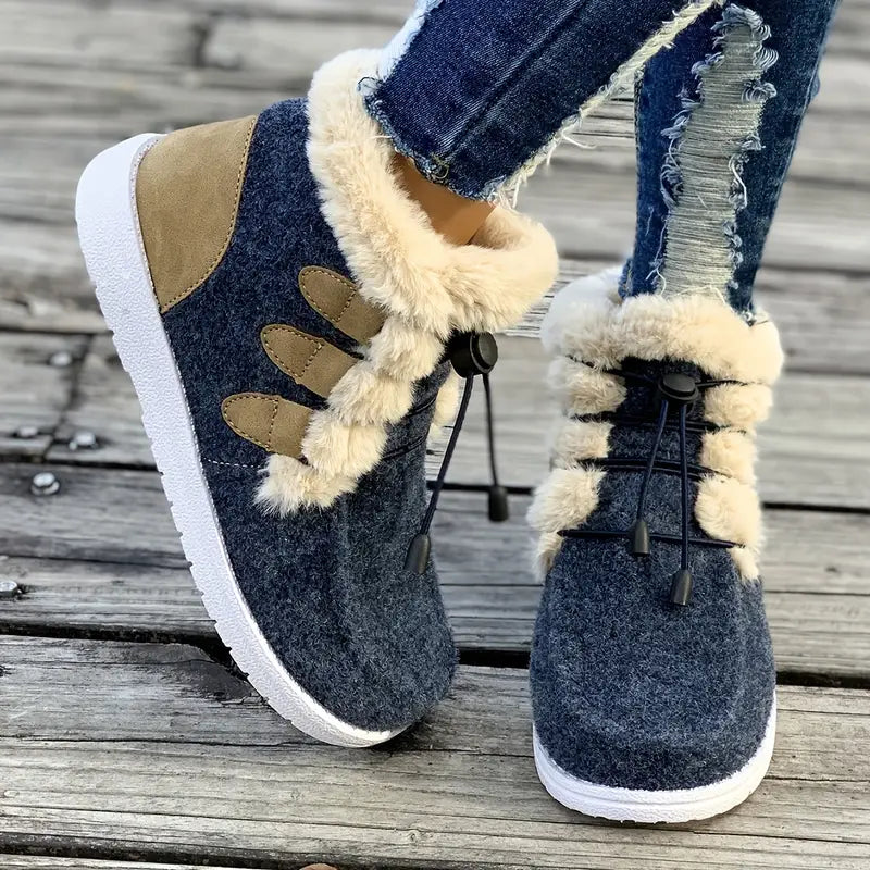 Damskie buty zimowe z wykończeniem ze sztucznego futra - Wygodne płaskie buty