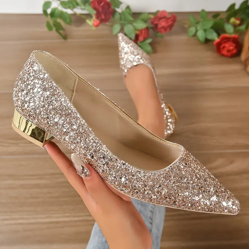 Chara - Błyszczące buty glamour z grubym obcasem i niskim obcasem