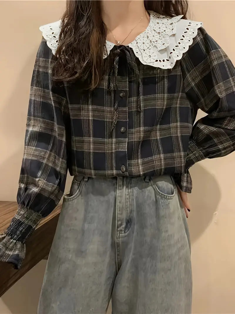 Bluzka Gingham z koronką i falbanką, długi rękaw damski