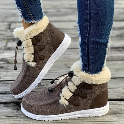 Damskie buty zimowe z wykończeniem ze sztucznego futra - Wygodne płaskie buty