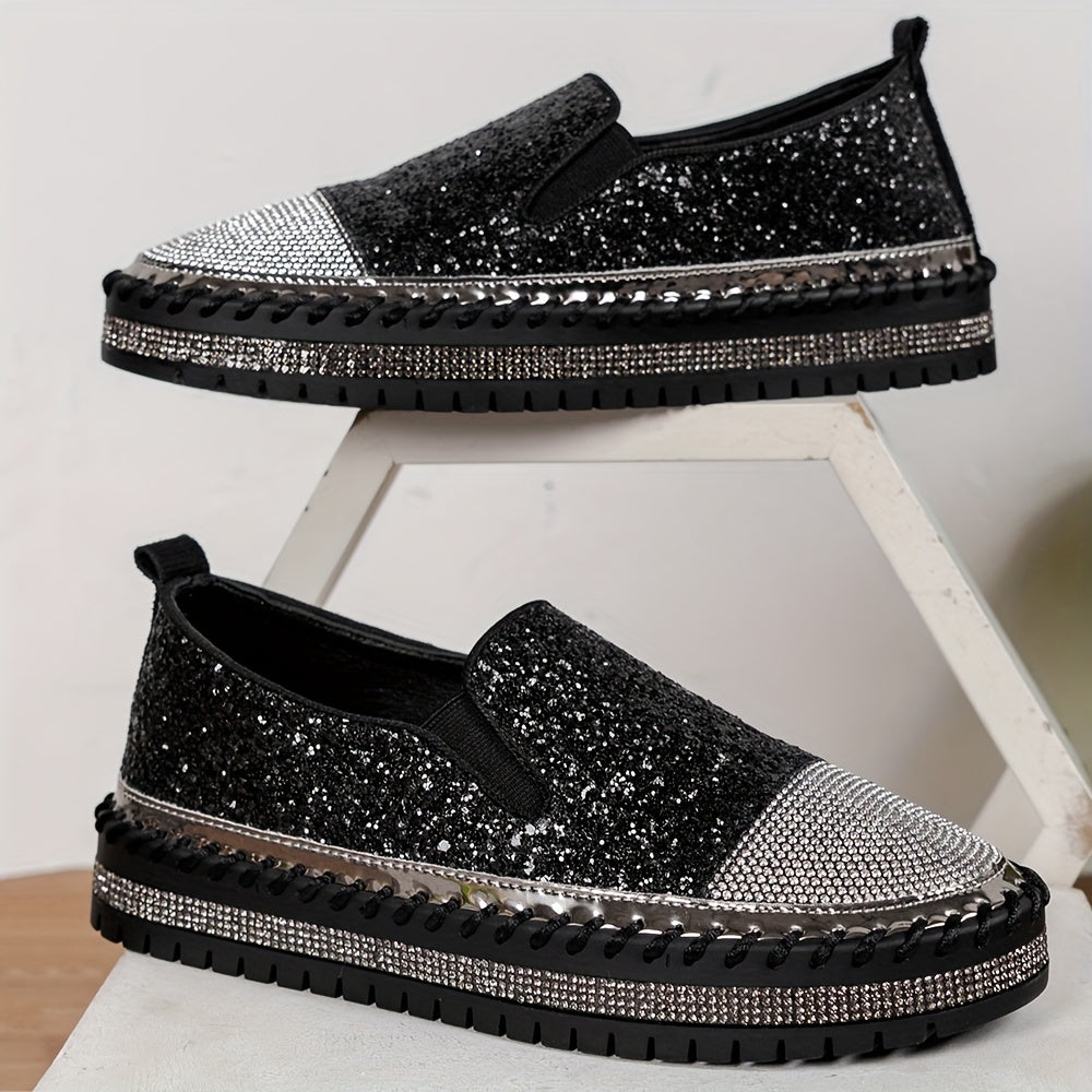 Kryształowe loafersy damskie, obcas 3 cm, wygodne buty na platformie