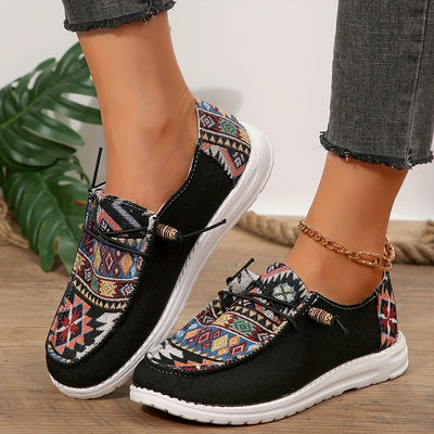 Letnie loafersy damskie - Lekkie płócienne loafersy w stylu etno