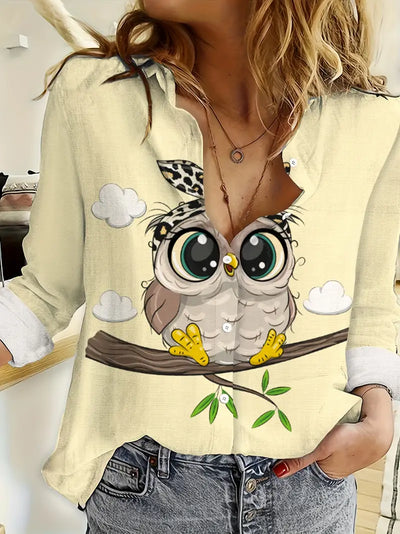 Lässiges Langarm-T-Shirt mit einzigartigem Eulen-Print für Frauen